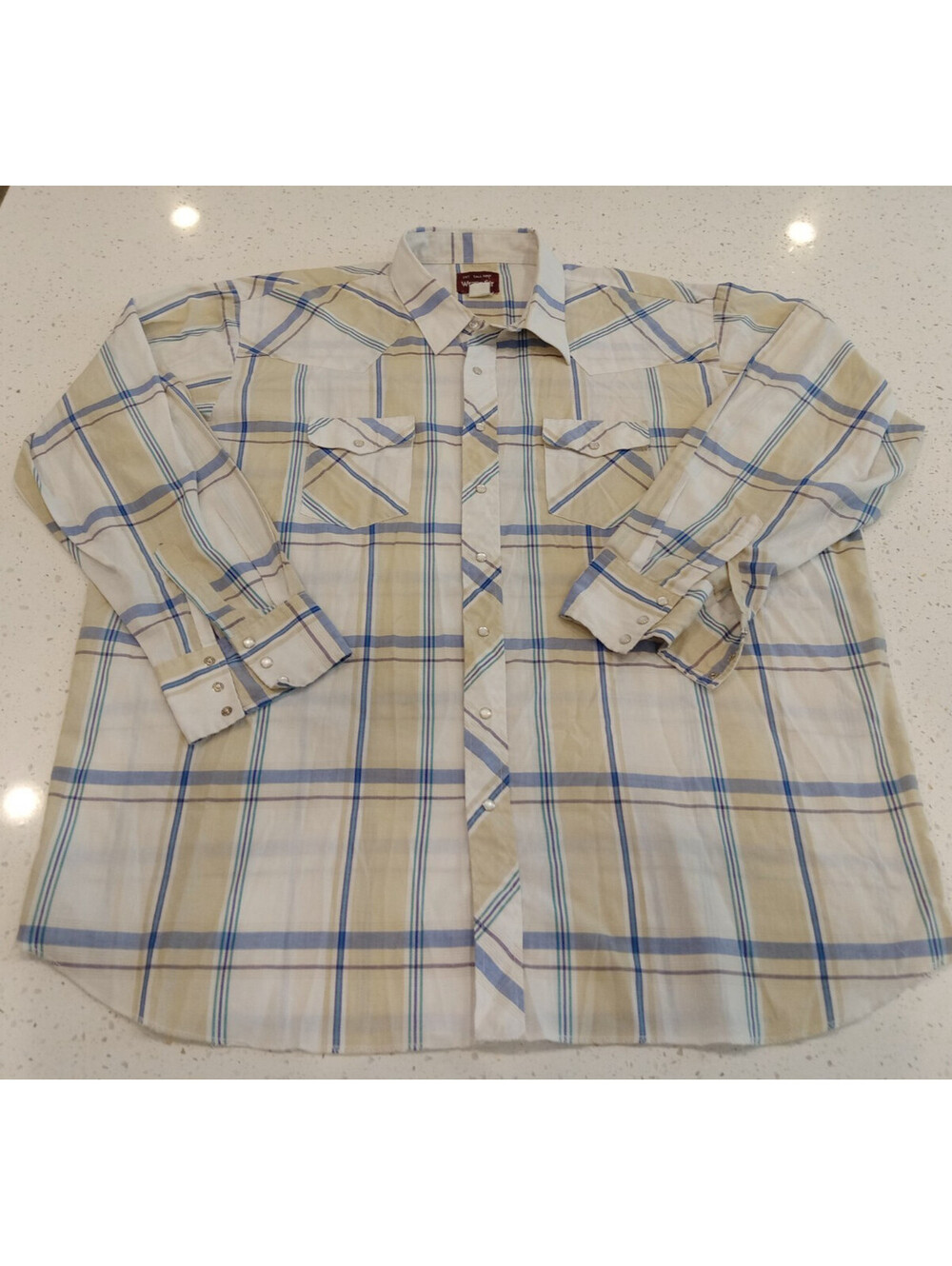Vintage Wrangler Shirt Mens 3XT Blue Beige Plaid Pearl Snap Western Tall Man 3XL